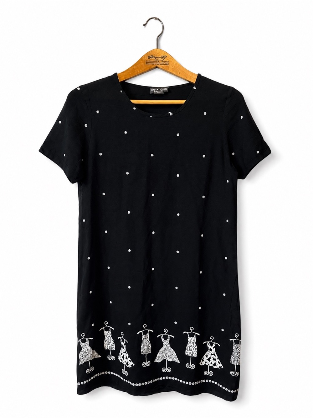 NOTATIONS Embroidered Midi Dress Size M B&W Eclectic Artsy Casual Comfy Boxy 90s